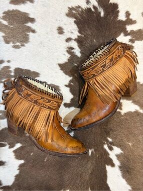 Vintage Tan Leather Fringe Ankle Boots
